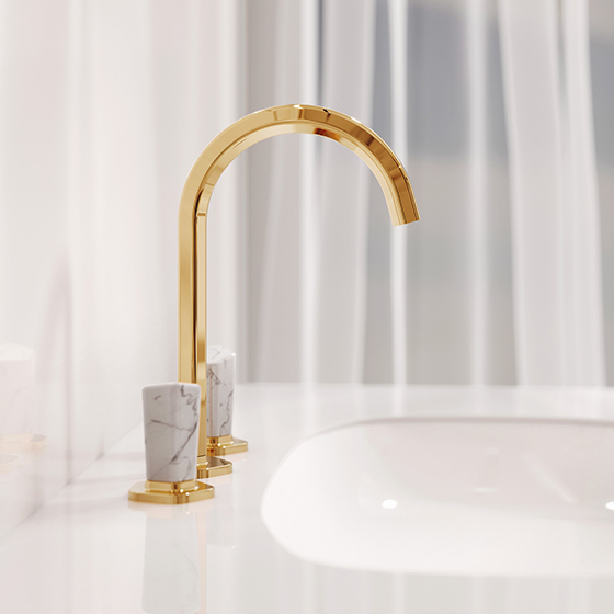 Joerger Teaserbild Shado Edelmessing mit weissem Tuerkis Waschtisch 3 Loch Batterie