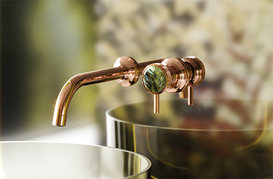 Jörger Design, emotional, bathroom, ensuite, aesthetics, luxury, faucets, fittings, Valencia, rose gold, Labradorite, jewellery edition, natural stone, unique, elegant, charming, luxurious, single lever wall washbasin mixer, Albume, Antonio Lupi