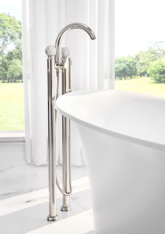 JÖRGER Belledor freestanding bathtub tap with white porcelain handles by FÜRSTENBERG