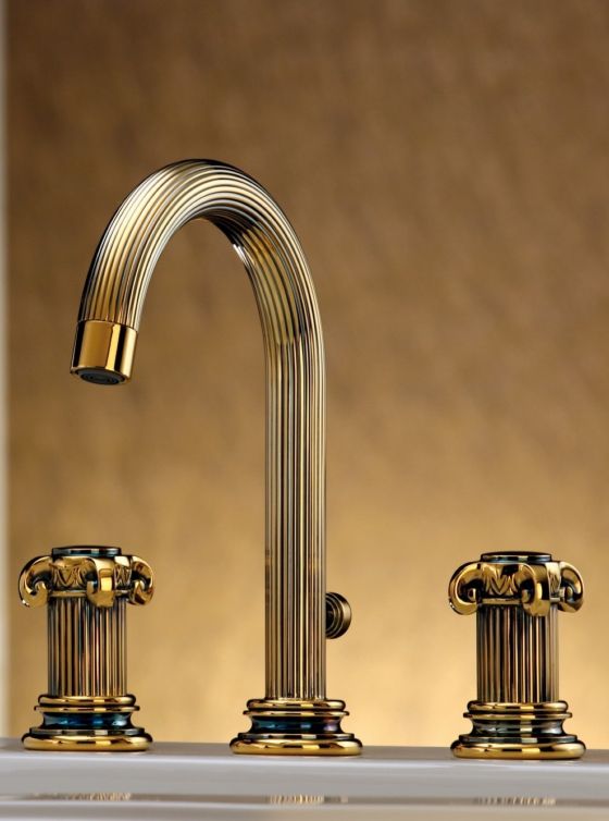 Jörger Design, APHRODITE, Altgold, Waschtisch 3-Loch Armatur, griechische Antike, blaue Details, Silberveredelung, klassisches Design, Joerger