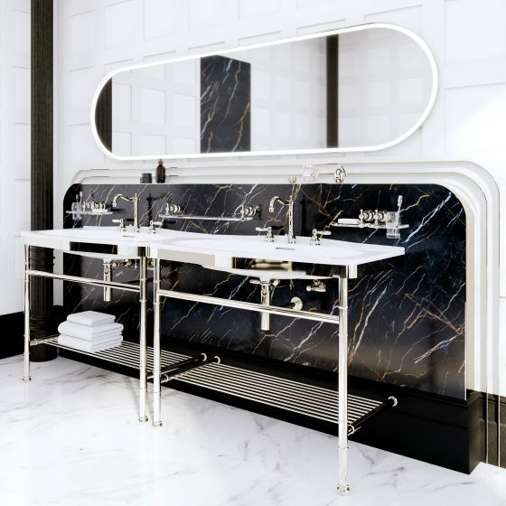 frame of the open washbasin in the Delphi design is finished in silver nickel, as are the syphons and angle valves