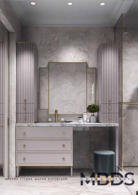 Jörger Design Belledor washbasin tap in the exclusive finish sunshine matt with handles made of white, gold-painted porcelain in an Art Déco bathroom interior