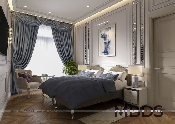 Bedroom in Moscow with classic interior and art deco reminiscences, designed by Maria Borovskaya