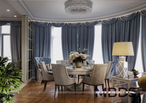 Classically furnished living and dining area of a Moscow flat with hints of Art Deco after a design by Maria Borovskaya