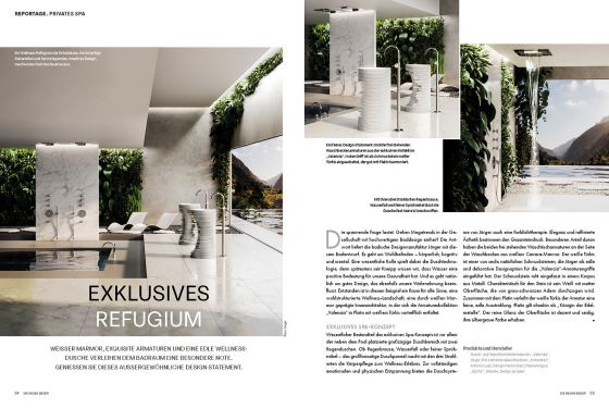 Jörger Design, media, magazine, Die neuen Bäder, issue, SH 01, 2023, reportage, double inside page, home spa, wellness oasis, Valencia, jewellery design, platinum, white turquoise, trade magazine publisher