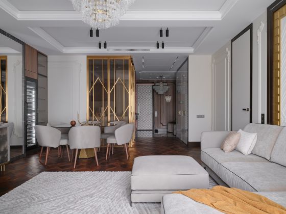 дизайнерский интерьер, ар-деко, Екатерина Горбунова, гостиная-столовая, круглый стол, Catellan, стеклянная перегородка, латунь рама, скульптурный ковер, премиум, элегантный, 