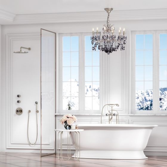 Jörger design, bathroom aesthetics, floral crystal, polished nickel, crystal, decor, glass, clear, luxury, art nouveau, bathtubs, faucet, freestanding, hose, hand shower, retro bathtub, white, classic, elegant, timeless, noble, exquisite, luxurious