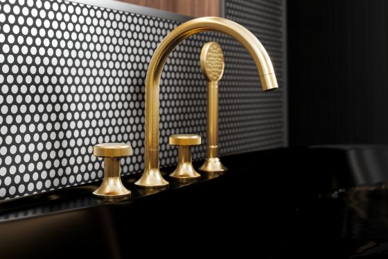 Valencia, 4-hole bath filler and shower mixer in matt gold for floor mounting