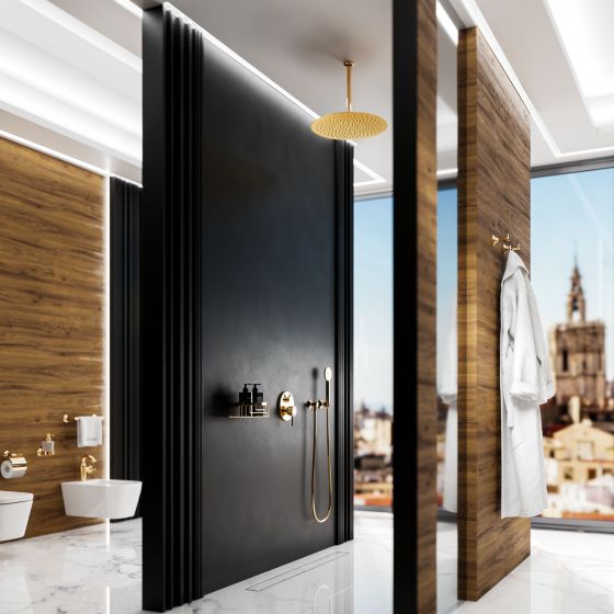 Modern luxurious bathroom equipment with walls of matt black stone, decoratively grained wooden panels and fittings and accessories in the exclusive finish sunshine from Jörger's "Valencia" design series.
