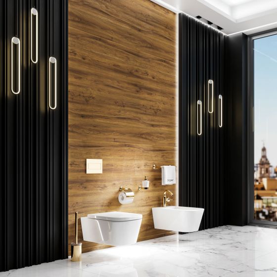 Valencia in the exclusive finish sunshine with bidet fitting and accessories in the area of WC and bidet of a modern bathroom interior.