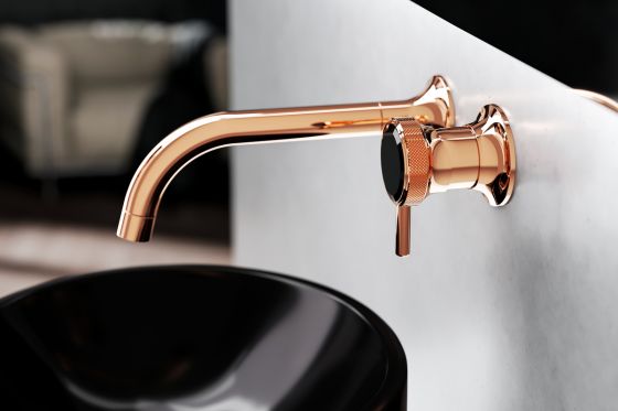 Valencia, wall-mounted washbasin mixer in rose gold, with black crystal