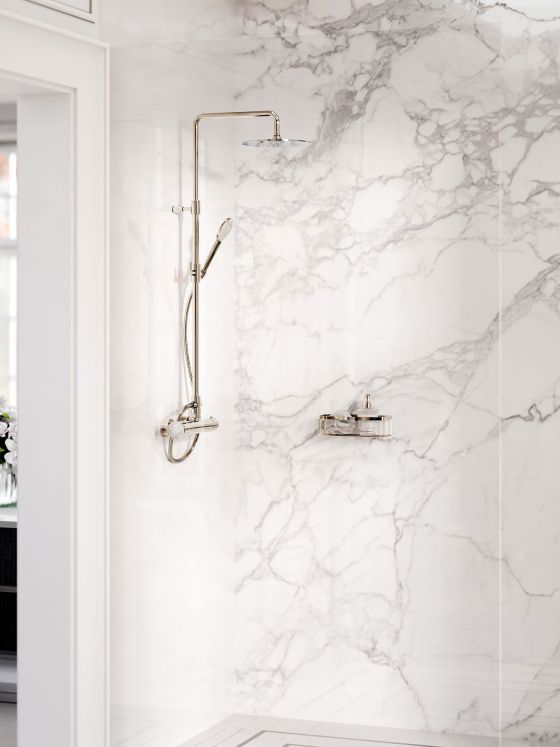 Jörger Design, Belledor, polished nickel, porcelain, Mother of Pearl, mother-of-pearl, shower system, surface-mounted thermostat, rain shower, sponge basket, exclusive, classic, elegant, noble