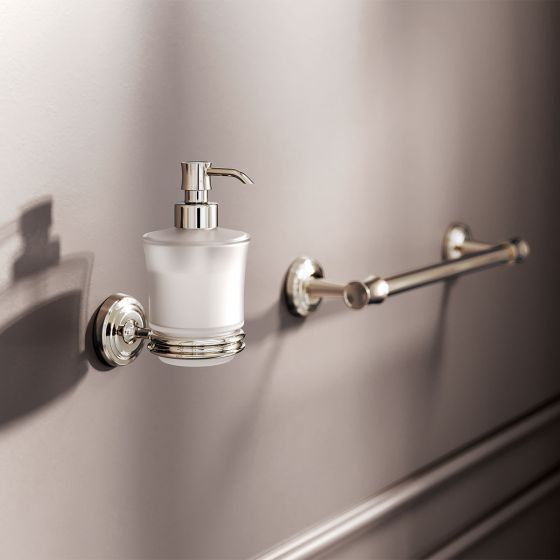 Jörger Design, Belledor, polished nickel, lotion dispenser, towel holder, exclusive, classic, elegant, noble, wall decor, wall covering, cashmere brown, Sofia-decor
