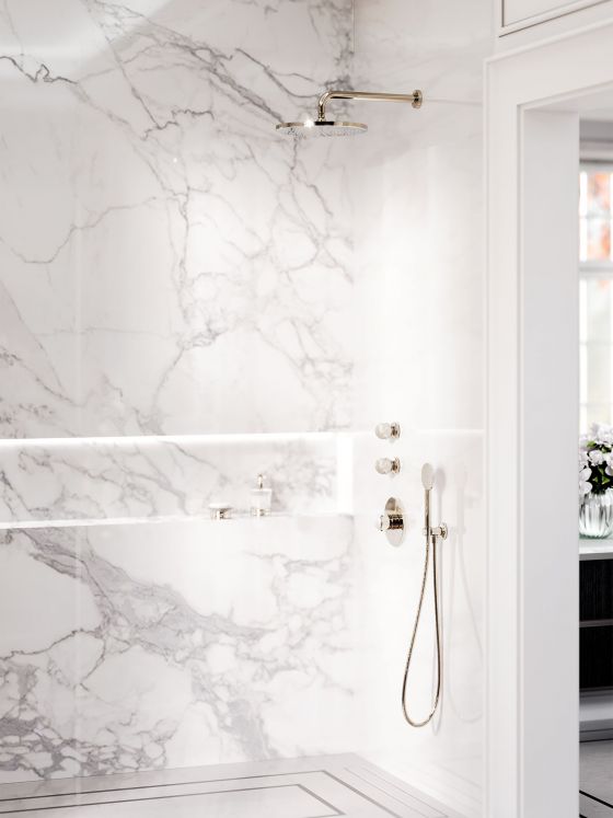 Jörger Design, Belledor, polished nickel, porcelain, Mother of Pearl, shower system, concealed thermostat, concealed valve modules, rain shower, accessories, exclusive, classical, elegant, noble