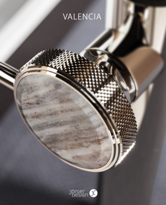 Jörger Design, bathroom, aesthetics, fittings, accessories, brochure, Valencia, polished nickel, Palissandro Blue, marble, natural stone, handle inlay, jewellery design, elegant, luxurious, individual, special design, customer request