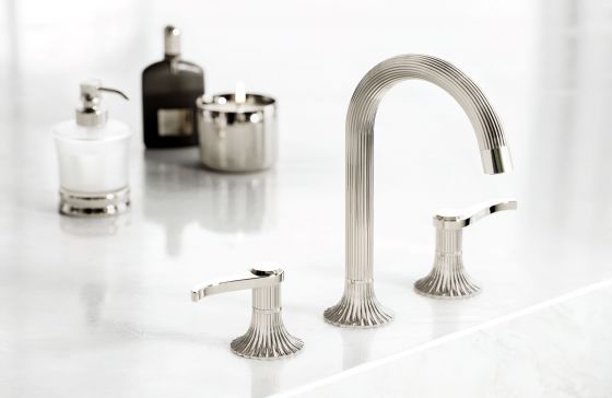Joerger design, Cronos, polished nickel, craftmanship, washbasin 3-hole mixer, lever handles, groove design, rosette, lotion dispenser, freestanding