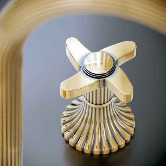 Joerger Design, CRONOS, klassische Armatur, Designer, Antikgold, patiniertes 24 Karat Gold, edle Patina, Kreuzgriff, Rillendesign, geriffelte Griffe