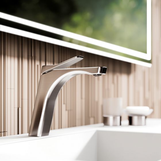 Jörger Design, Eleven, modern, однорычажный, дизайнерский, смеситель, минимализм, матовый никель, ванная, раковина, XL, вынос 173, высота 188, отдельно стоящий, аксессуары, дозатор для мыла, Cielo, плитка, Mutina, Phenomenon, LED, зеркало