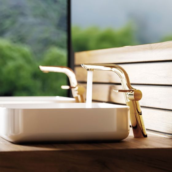 Jörger, Exal, Edelmessing, Oberfläche, galvanisch, vergoldet, Karat, 18, Gold-Ton, sonnige Optik, Ein-Hebelmischer, Rohrverlängerung, Ausladung 173, Höhe 240, Lupi, Bolo, Aufsatzbecken