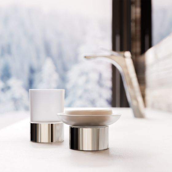 Jörger Design, Eleven, new, modern, design fitting, collection, washbasin, accessories, free-standing, glass holder, soap holder, polished nickel, refined, high-quality, decorative