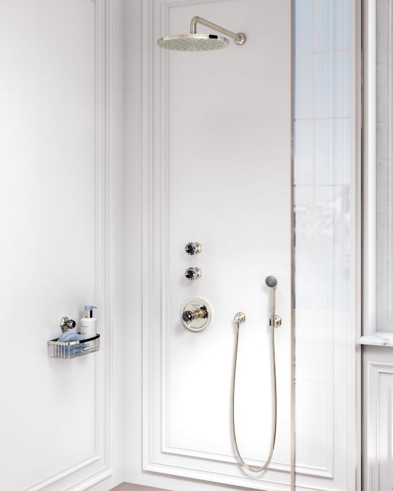 Jörger Design, bathroom aesthetics, floral crystal, polished nickel, crystal decor, glass, clear, luxury, shower system, concealed thermostat, concealed valve modules, rain shower, hose, shower head, sponge basket, accessories, exclusive, classic, elegant
