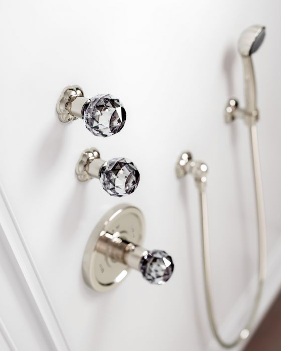 Jörger design, bathroom aesthetics, floral crystal, polished nickel, crystal decor, glass, clear, luxury, shower system, concealed thermostat, concealed valve modules, hose, shower, classic, elegant, timeless, noble, exquisite, luxurious