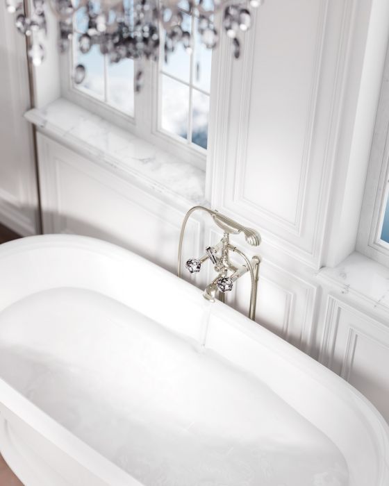 Jörger design, bathroom aesthetics, floral crystal, polished nickel, crystal, decor, glass, clear, luxury, art nouveau, bathtubs, faucet, freestanding, hose, hand shower, retro bathtub, white, classic, elegant, timeless, noble, exquisite, luxurious, wall,