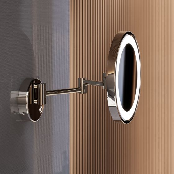 Jörger Design, sophisticated bathroom design, Valencia, polished nickel, Palissandro Blue, marble, natural stone, handle inlay, jewellery edition, accessories, washbasin, cosmetic mirror, wall-mounted, LED, lighting, swivelling, extendable