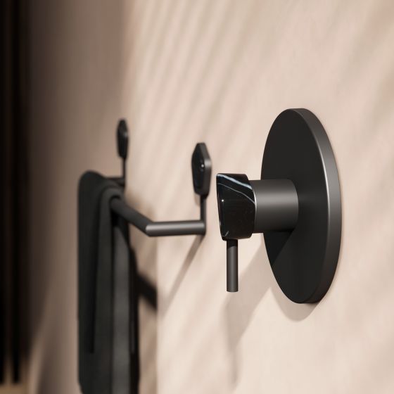 JÖRGER Design, SHADO, concealed thermostat, designer, single-lever mixer, wall-mounted, black matt, black marble, premium, stylish, accessories, pentagonal, elegant, natural stone, exclusive, japandy style