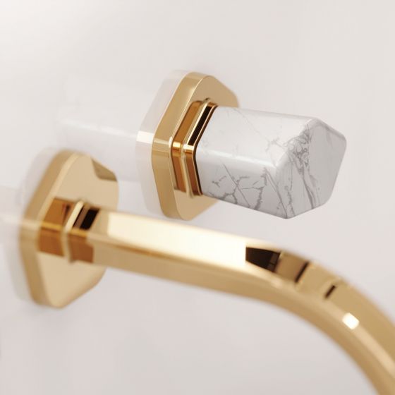 Jörger Design, Shado, Designer fünfeckig Luxus-Wandarmatur im Edelmessing, Griff mit weißem Türkis, exklusiv Design