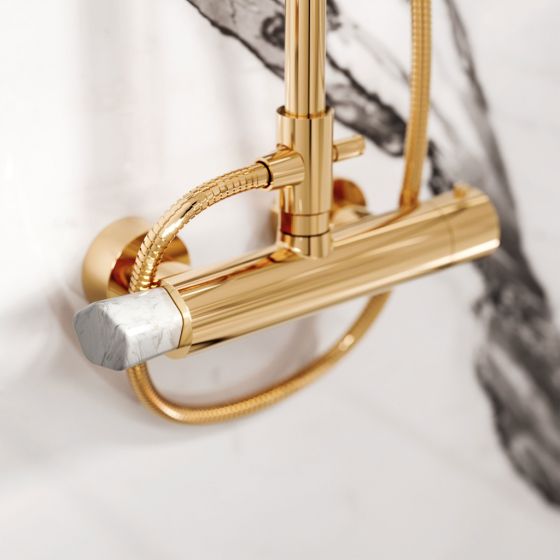 Jörger Design, Shado, Thermostat mit Fünfeck-Griff, Edelmessing, 18 Karat Gold, Design-Armatur, weiß Türkis, exklusiv