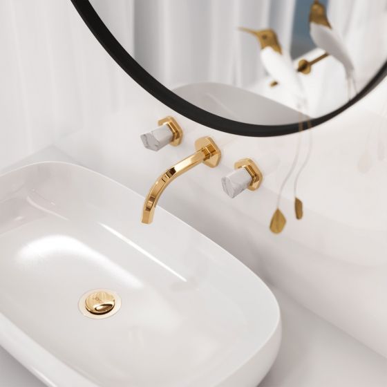 Jörger Design, Design-Wandarmatur Shado mit fünfeckigen Griffen, weißer Türkis, Edelmessing, exklusiv, elegant, ovales Waschbecken