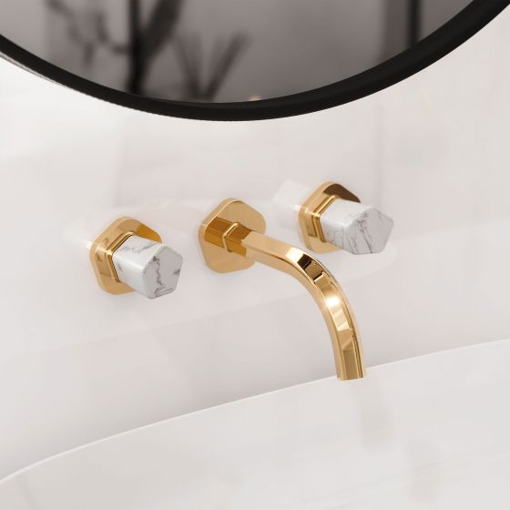 JOERGER Design, bathroom design, SHADO, neoclassical, tap, wall-mounted, three-hole, washbasin, white turquoise, semi-precious stone, precious brass, finish, high-quality, sunshine finish, 18-carat gold, premium, designer