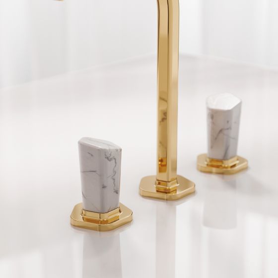 JOERGER Design, SHADO, bathroom design, tap, three-hole tap, washbasin, precious brass, white turquoise, pentagon, premium, style, aesthetics, sunshine finish, 18-carat gold, luxury, exclusive, natural stone