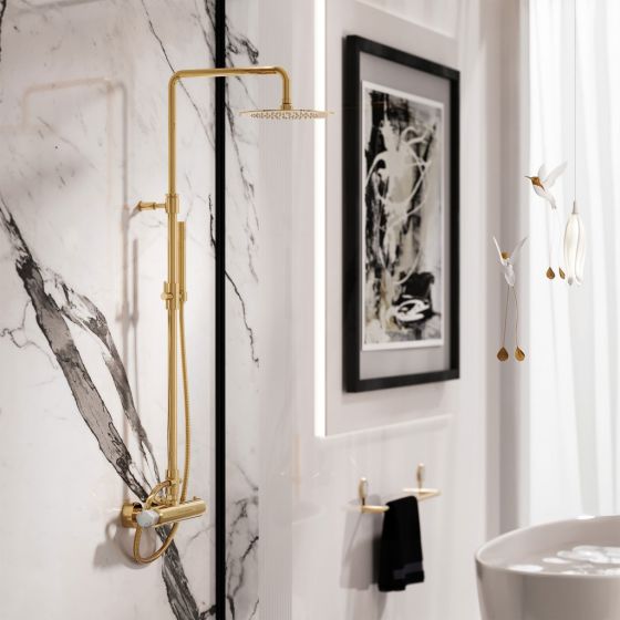 Jörger Design, Shado, hochwertiges Duschsystem in Edelmessing, Design-Armatur, pentagonaler Griff, weißer Türkis, Luxusbad