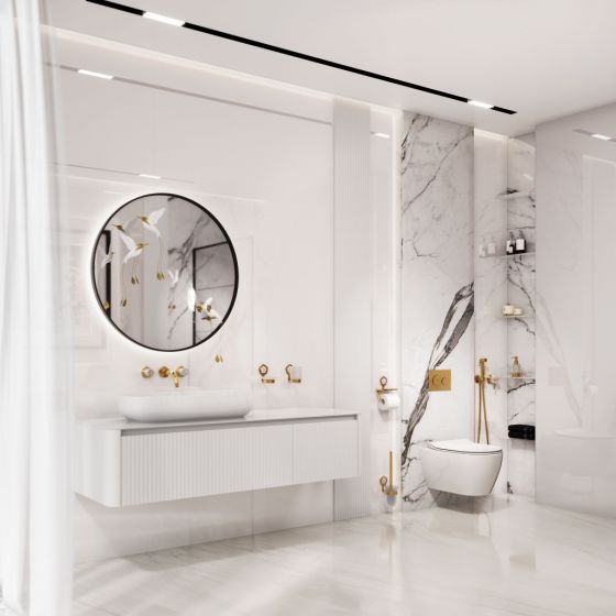 Jörger Design, Shado, modern Luxusbad mit Design-Wandarmatur, Edelmessing, weißer Türkis, Bad-Accessoires, hängende WC