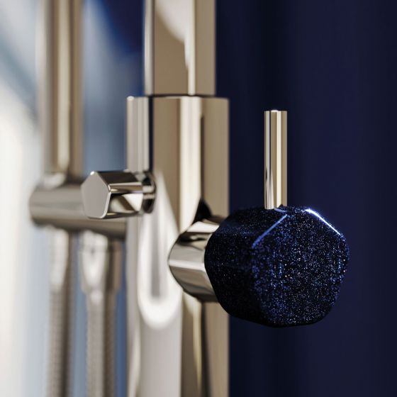 JOERGER Design, SHADO, bathroom design, luxury, single-lever mixer, free standing, bathtub, thermostat, polished nickel, blue aventurine, polyhedral, faceted, luxury, elite, premium, luxurious bathrooms, exclusive