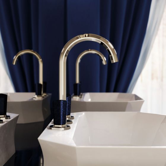 JOERGER Design, bathroom design, SHADO, spout, designer, three-hole tap, washbasin, blue aventurine, semi-precious stone, polished nickel, finish, natural stone, decor, ecxlusive, premium, pentagon
