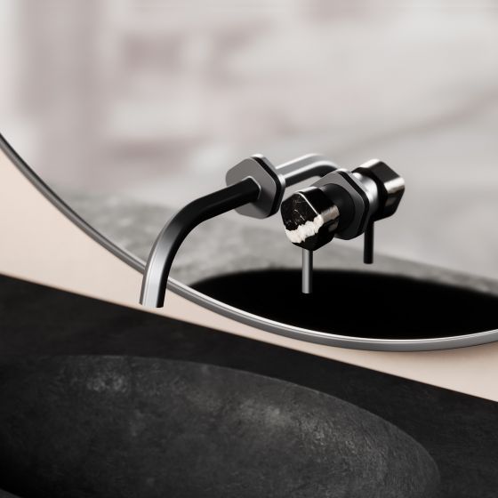 JOERGER Design, SHADO, washbasin, designer, single-lever mixer, wall-mounted, black matt, black marble, mirror, premium, stylish, pentagonal, elegant, natural stone, luxury, japandy style