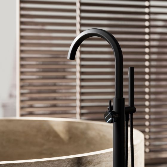 JOERGER Design, SHADO, single lever mixer, designer, free-standing, bathtub, shower mixer, black matt, black marble, natural stone, premium, hand shower, monochrome, high quality, exclusive, elegant, stylish, japandy style