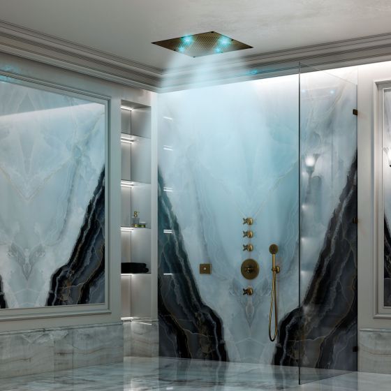 Jörger Design, Rainheaven, Cronos, потолочная панель, душевая, многофункциональная, режим струи, дождевой поток, тропический туман, бронза, классический, интерьер ванной, верхний душ, хромотерапия, мрамор, Home Spa, голубой 