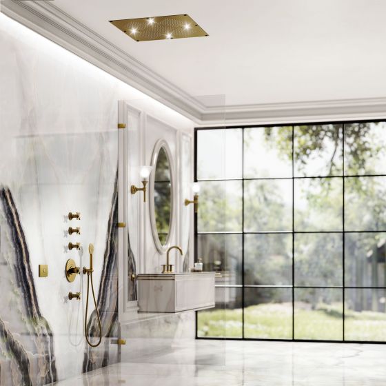 Jörger Design, Rainheaven, Cronos, интерьер ванной, классический, потолочная панель, душевая, бронза, смеситель классический, на раковину, термостат, ручной душ, хромотерапия, подвесная тумба, мебель для ванной, luxury, Home Spa 