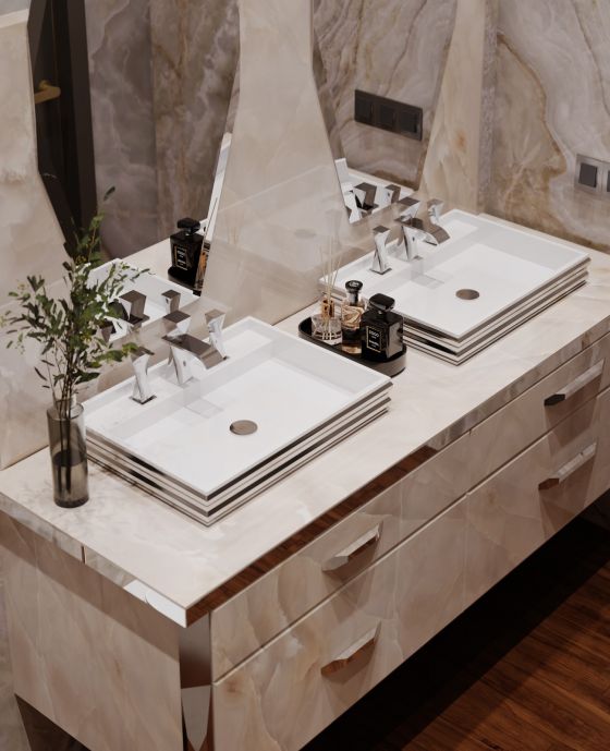 Jörger Design, anspruchsvolles Baddesign, Turn, Silbernickel, Waschtisch, 3-Loch-Armaturen, raffiniert, elegant, stilvoll, luxuriös, Waschtisch, 3-Loch-Armaturen, Wandspiegel