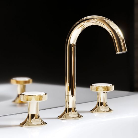 Jörger, Valencia, Edelmessing, Griff, Option, weißer Kristall, exklusiv, Oberfläche, galvanisch, vergoldet, Karat, 18, Gold-Ton, sonnige Optik, Waschtisch, Armatur, Dreiloch-Batterie