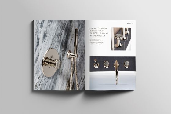 Jörger Design, bathroom, aesthetics, fittings, accessories, brochure, Valencia, polished nickel, Palissandro Blue, marble, natural stone, handle inlay, jewellery design, elegant, luxurious, individual, special design, customer request