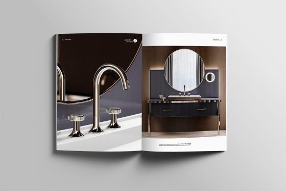 Jörger Design, bathroom, aesthetics, fittings, accessories, brochure, Valencia, polished nickel, Palissandro Blue, marble, natural stone, handle inlay, jewellery design, elegant, luxurious, individual, special design, customer request
