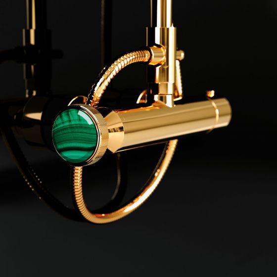Jörger Design, bathroom aesthetics, taps, Valencia, gold, malachite, handle, option, jewellery design, natural stone, exclusive, elegant, luxurious, decorative, shower mixer, shower thermostat
