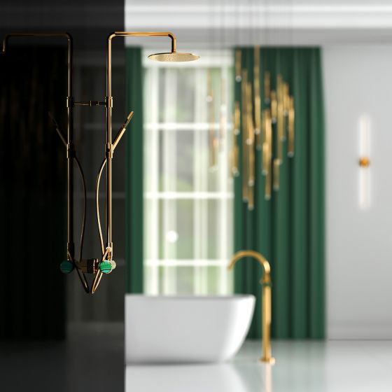 Jörger Design, bathroom aesthetics, taps, Valencia, gold, malachite, handle, option, jewellery design, high-carat, gemstone, natural stone, exclusive, elegant, luxurious, decorative, shower, exposed, thermostat, showerhead, shower combination