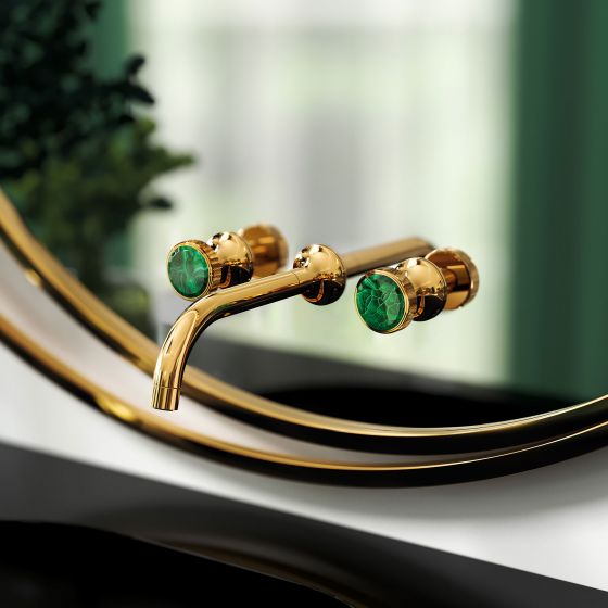 Jörger Design, bathroom aesthetics, taps, Valencia, gold, malachite, handle, option, jewellery design, natural stone, gemstone, exclusive, elegant, luxurious, decorative, wall, three-hole mixer, washbasin, black