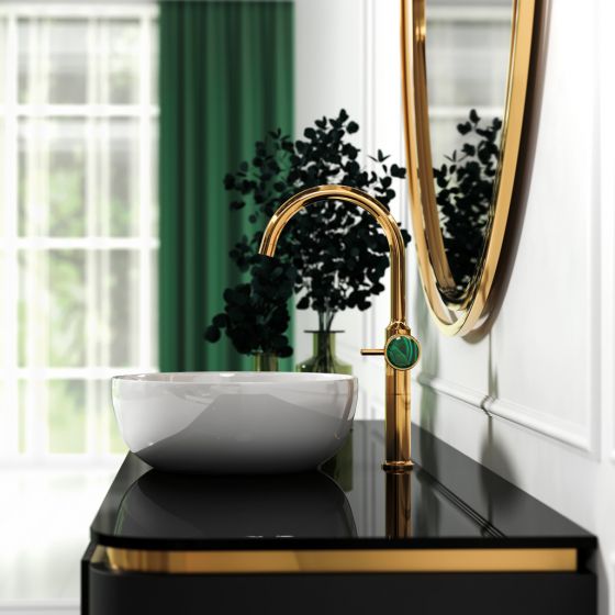 Jörger Design, Valencia, дизайнерский смеситель однорычажный на раковину, 24-каратное золото, малахит, самоцвет, драгоценный камень, элитная сантехника, классический интерьер ванной, премиум